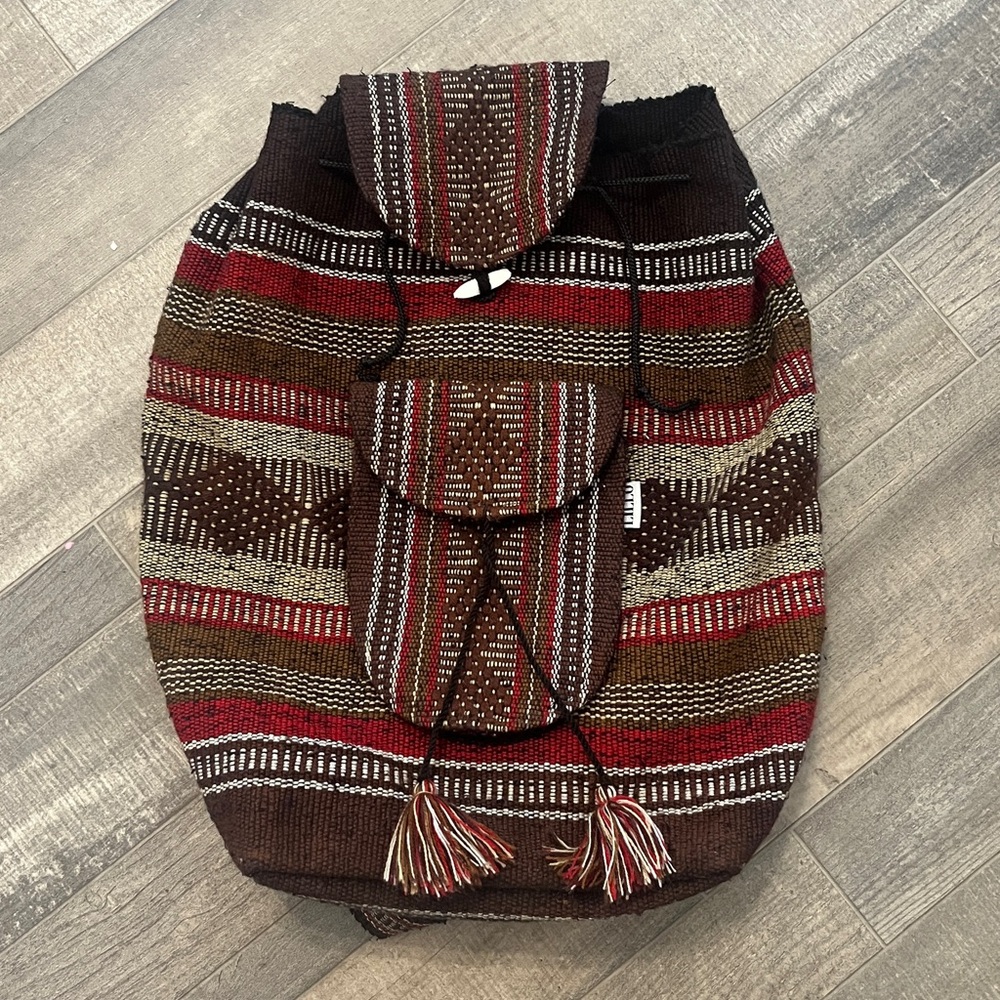 Handwoven Boho Backpack - Brown & Red Striped